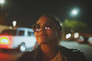 A woman wearing sunglasses in front of a car at night photo
