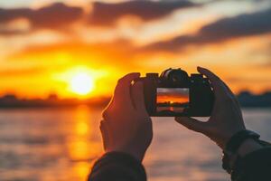 A person taking a photo of the sunset with a camera