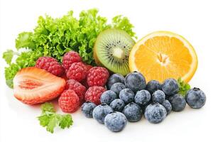 Fresh fruits and vegetables are arranged on a white surface photo