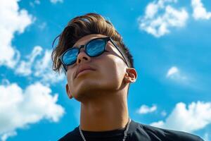 A man wearing sunglasses and a black shirt photo
