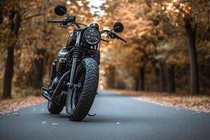 A motorcycle parked on the road in the fall photo