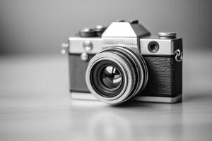 A black and white photo of a vintage camera