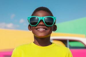 A young boy wearing sunglasses in front of a car photo