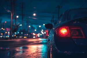 A car is parked on a street at night photo