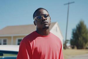 A man in a red shirt and sunglasses standing in front of a car photo