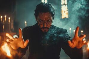 A man in a black robe with smoke coming out of his hands photo