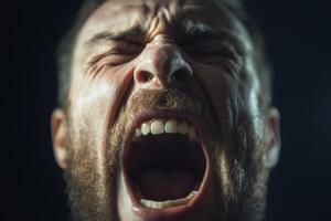 Close up of a man with his mouth open and his eyes wide photo