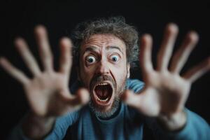 A man is making a face with his hands photo