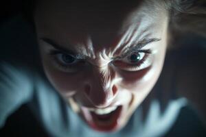 A woman with an angry face looking at the camera photo