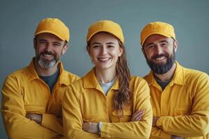 Three smiling workers in yellow uniforms photo