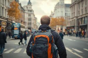 A man with a backpack walking down a street photo