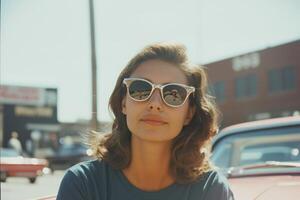A woman enjoying the sunny day in stylish sunglasses beside a vintage car in a lively urban setting photo