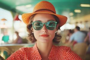 A woman in a bright polka dot dress enjoys a sunny day while wearing sunglasses and a straw hat at a lively outdoor cafe photo