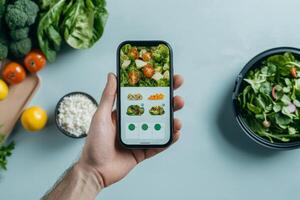 A man holds a smartphone with a delivery app among fresh vegetables and herbs on a kitchen table. photo