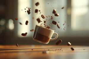 Coffee cup suspended in mid-air with floating coffee beans and grounds in a sunlit kitchen setting photo