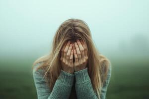 A woman in a foggy field covering her face, expressing feelings of sadness and solitude during early morning hours photo