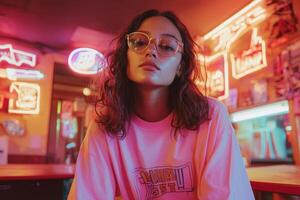 A young woman in glasses poses confidently in a neon-lit diner, capturing a vibrant moment at night in a lively urban setting photo