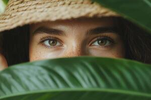 A young woman with striking green eyes peeks through large green leaves while wearing a straw hat in a lush, tropical environment photo