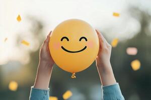 Happy person holding a yellow smiley balloon outdoors during a joyful celebration in bright daylight photo
