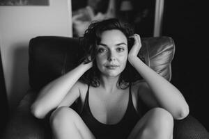 A woman with curly hair sits comfortably on a chair, reflecting in a cozy indoor setting during the afternoon light photo