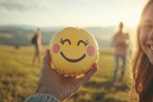 A person holds a cheerful yellow smiley face balloon in a sunlit field with friends enjoying a joyful day outdoors photo