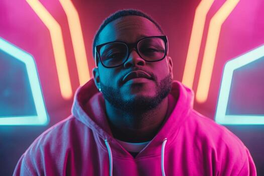 Man in a pink hoodie poses confidently with colorful neon lights creating a vibrant background photo