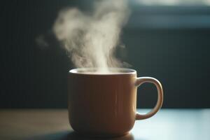 A steaming cup of coffee rests on a wooden table in a cozy room during the morning sunlight hours photo