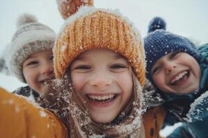 Joyful children smiling and playing in the snow wearing colorful hats during winter in a snowy landscape photo