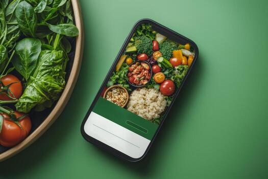 sano comida deberes con Fresco vegetales y granos arreglado pulcramente en un teléfono inteligente envase en un verde antecedentes foto