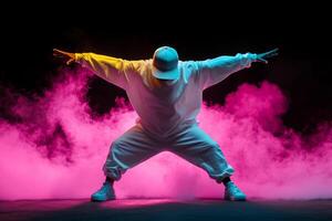 Dynamic street dancer in white outfit performs against vibrant smoke background during urban dance competition at night photo