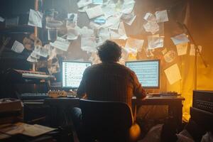 A musician composing electronic music in a dimly lit studio surrounded by handwritten notes and musical instruments photo