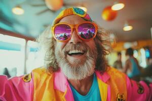 A joyful elderly man wearing colorful sunglasses and vibrant attire enjoying a tropical atmosphere at a lively beach bar during the day photo