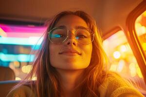 Young woman with glasses smiling in a car at night, colorful city lights reflecting inside photo