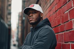 Young man posing confidently against a red brick wall in an urban alley on a cloudy day photo