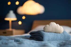 Cozy bedroom with cloud-themed decor and soft lighting in a serene blue atmosphere photo
