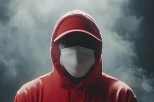 Mysterious figure in a red hooded sweatshirt and white mask standing in a smoky environment under dim lighting photo