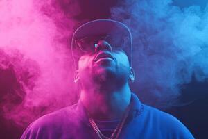 A man in sunglasses stands under colorful lighting, surrounded by vibrant smoke during a nighttime event photo