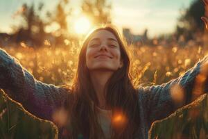 A young woman enjoys a peaceful moment in a sunlit field during golden hour, surrounded by soft grass and warm sunlight photo