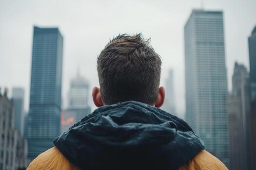 A person gazes at the skyline of a bustling city on a cloudy day, reflecting on life amidst towering skyscrapers photo