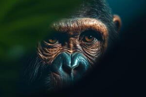A close-up of a gorilla's intense gaze through lush foliage in a natural habitat showcasing its intriguing expression and textured features photo