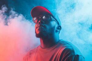 A man posing in colored smoke while wearing glasses and a cap photo