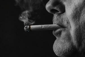 A close-up view of a man smoking a cigarette, capturing the smoke and facial details in stark monochrome lighting photo