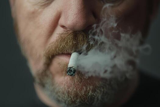 Close-up of a man with a cigarette, smoke rising softly in a contemplative moment captured indoors photo