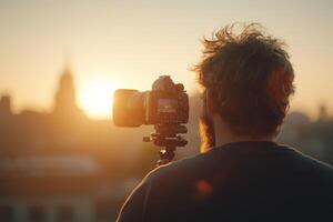 A photographer capturing the vibrant sunset skyline from a rooftop in the city during golden hour photo