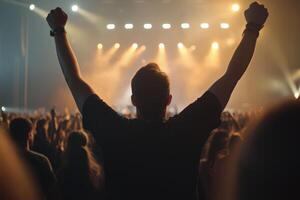 Audience member raises hands in excitement during a live concert at a large venue in the evening photo