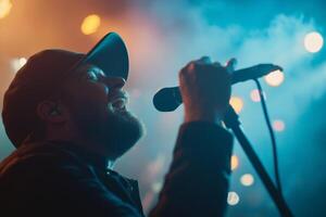 A passionate singer performs on stage, captivating the audience with electrifying energy during a vibrant live music event at night photo