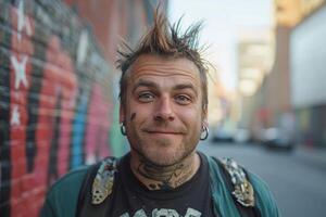 Person with spiked hair and tattoos smiles in colorful urban alley during daytime photo