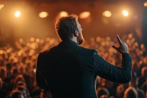 A speaker captivates an enthusiastic audience during a lively event in a well-lit auditorium at night photo