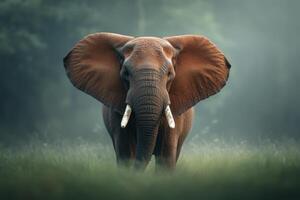 Majestic elephant stands in misty green landscape during early morning light photo
