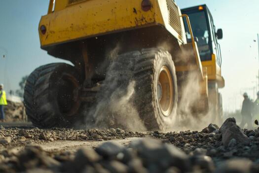 Heavy machinery working on a construction site with dust rising during daylight hours photo